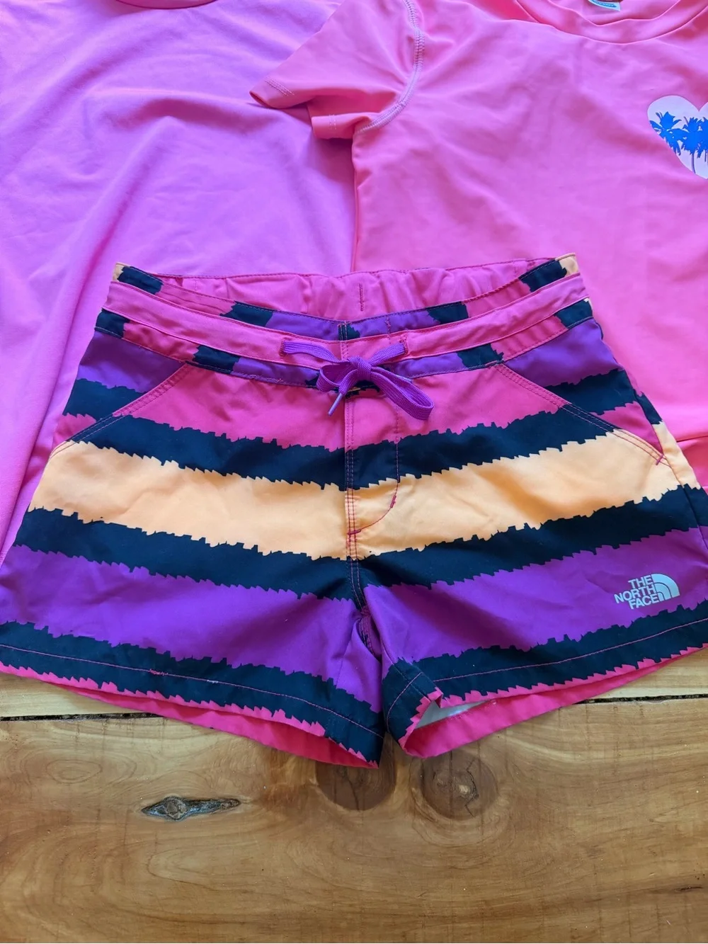Girls Swim Set, North Face Shorts, Cat and Jack Rash guards, 7/8-10/12